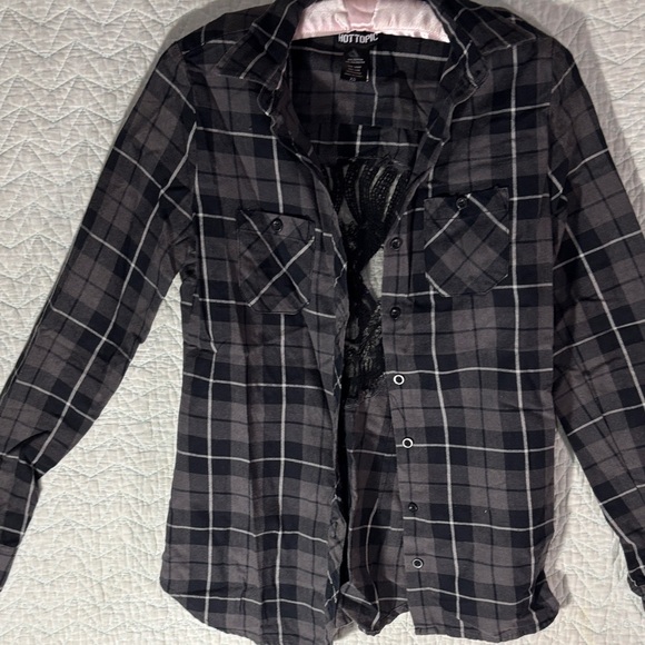 Hot Topic Black and Gray Plaid Button Down Shirt with Skull Detail - Picture 3 of 3